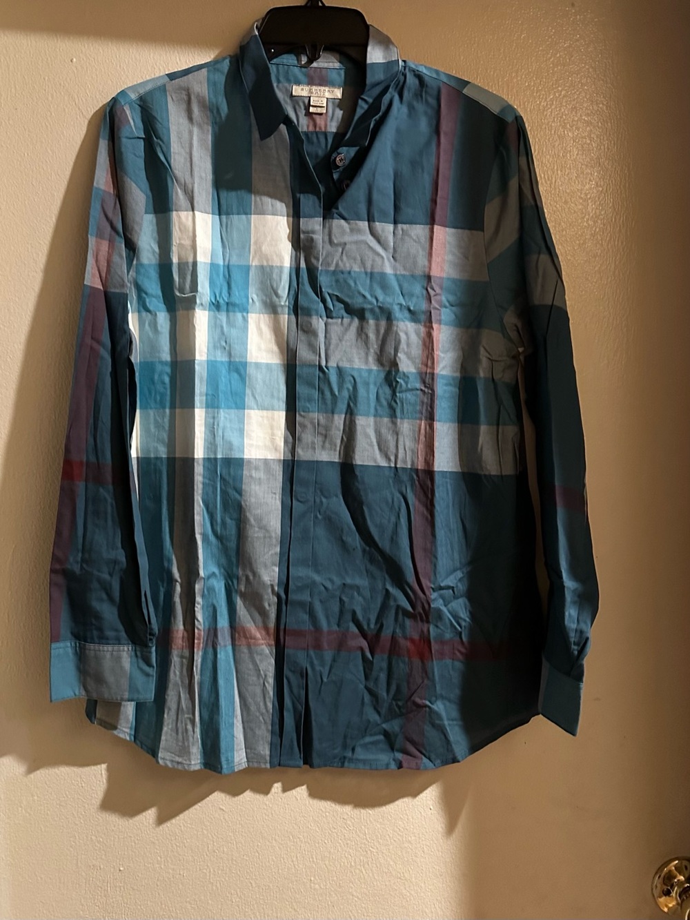 Authentic Burberry Women blue Plaid Button-Up Shirt - Classic Fit